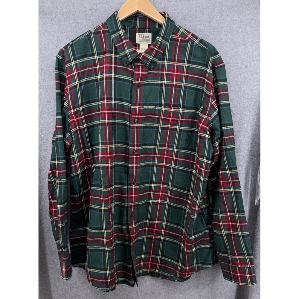 LL Bean Mens Flannel XXL 2XL Button Down Slightly Fitted Plaid Green Red - Picture 2 of 7